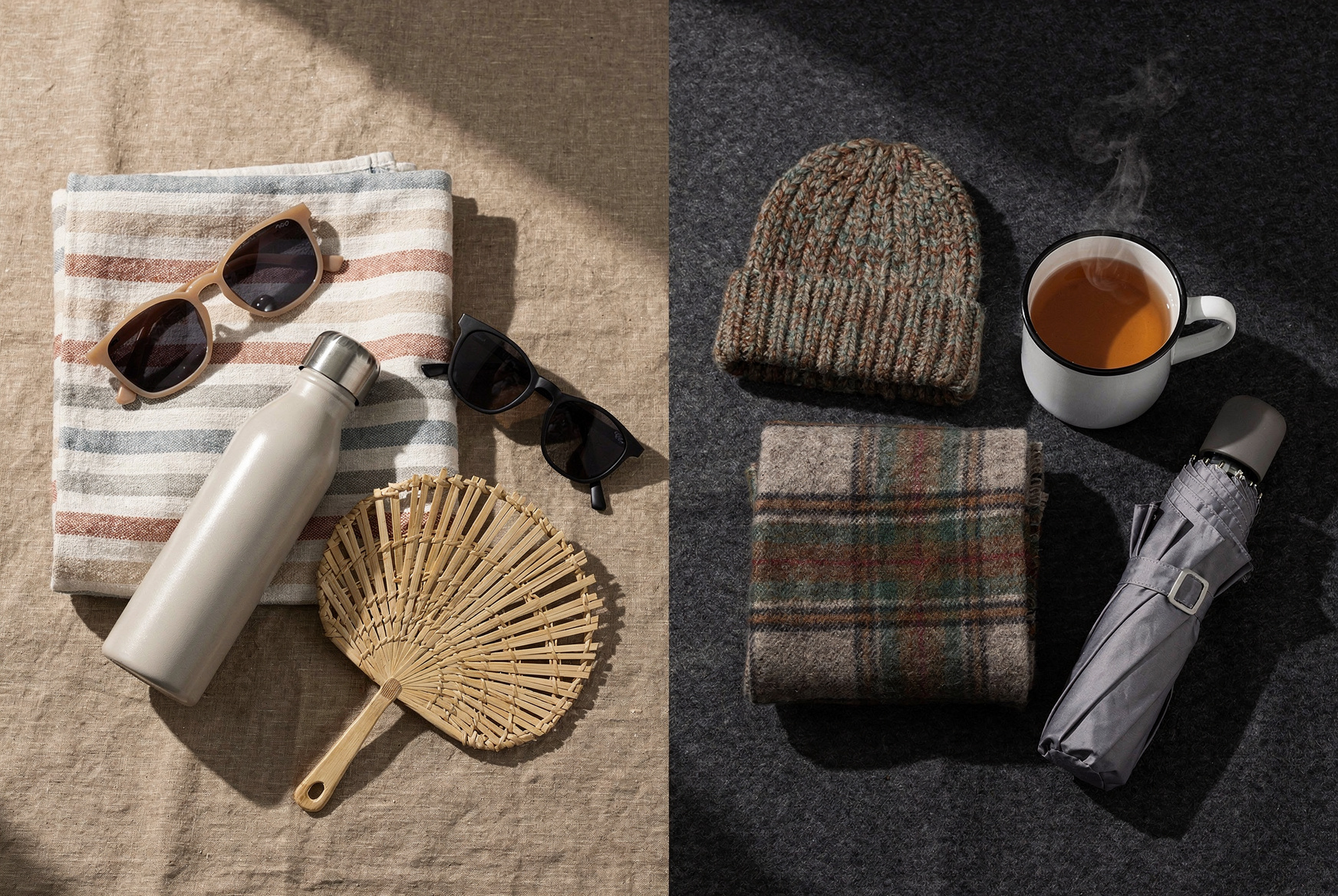 Objets publicitaires d'été et d'hiver : serviette, gourde, éventail, bonnet, plaid, mug et parapluie