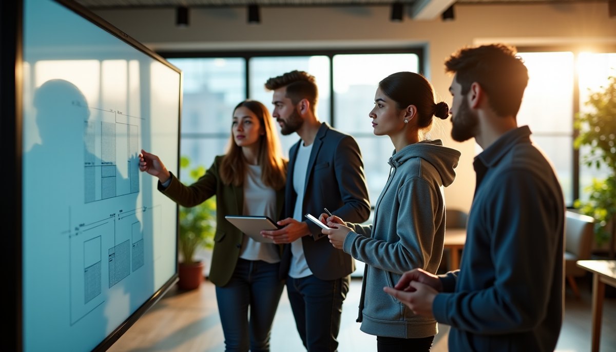 Équipe produit réunie devant un écran pour valider les maquettes d'une application mobile