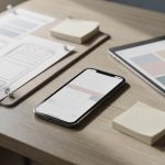 Créer une application mobile : les 9 étapes, de l'idée à l'App Store Smartphone, tablette et croquis d'écrans posés sur un bureau pendant la conception d'une application mobile